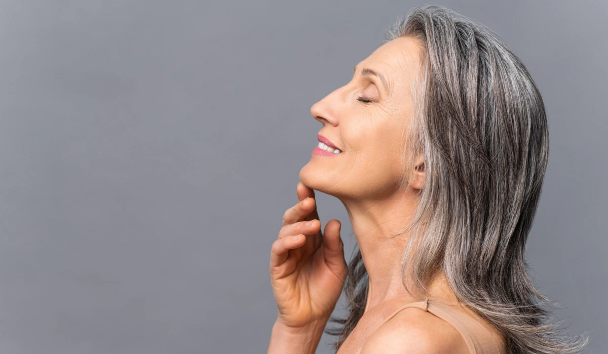 mature woman with sharp jawline