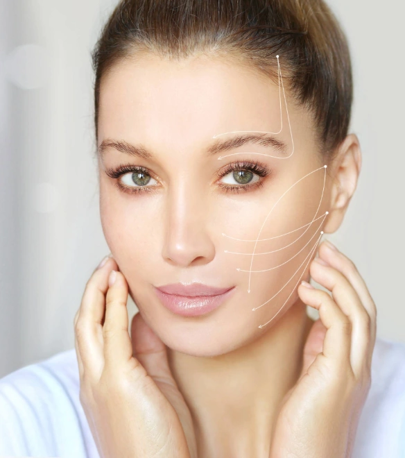 arrows on woman's face showing treated areas with thread lift